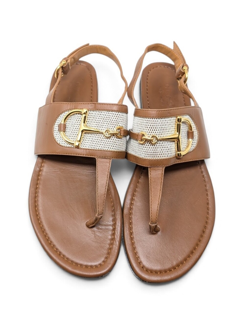 Gucci Alfa Brown Leather Canvas Thong Slingback Sandal Gold Horsebit Size EU 39